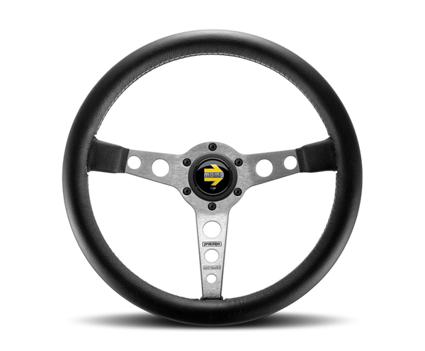 Momo Prototipo Steering Wheel 350 mm - Black Leather/Wht Stitch/Brshd Spokes